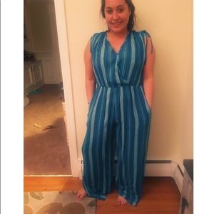 Blue and white striped jumpsuit